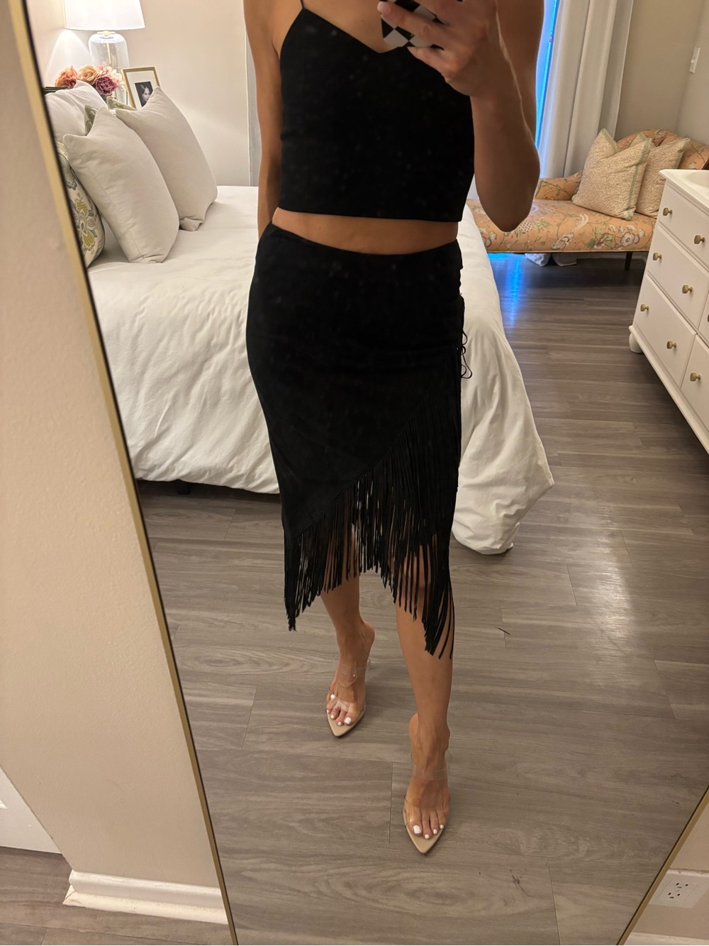 Olivaceous Black Faux Suede Fringe Asymmetrical Skirt 🖤